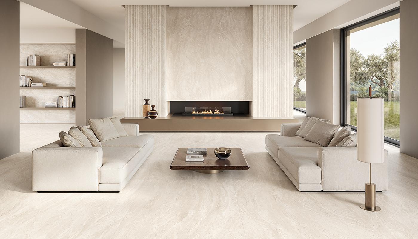 Porcelain Stoneware Emil Dualtravertine Stone,brick Living Room White Poro Aperto,white Poro Chiuso,white Roma Magna Gallery Image | Emilceramica Porcelain Stoneware Emil Dualtravertine Stone,brick Living Room White Poro Aperto,white Poro Chiuso,white Roma Magna Gallery Image | Emilceramica