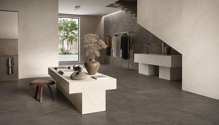 Pietra di Orosei | Emilceramica Porcelain Stoneware Provenza Pietra Di Orosei Stone Shop Grigio Bruciato Fondo,perla Gallery Image | Emilceramica