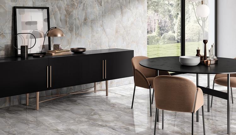 Tele Di Marmo Reloaded | Emilceramica Porcelain Stoneware Emil Tele Di Marmo Reloaded Marble Dining Room Onice Klimt Base Gallery Image | Emilceramica
